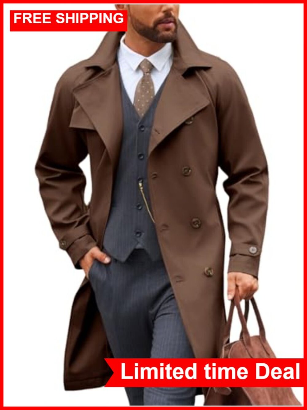 Mens Trench Coat Double Breasted Belted Windbreaker Long Overcoat